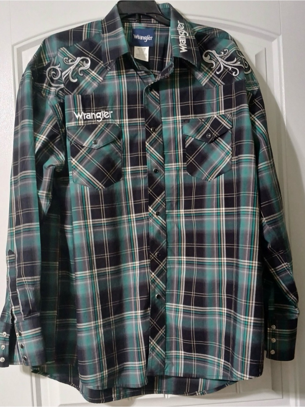 Wrangler Green Plaid XL Pearl Snap Long Sleeve Button-Up Shirt Western Cowboy